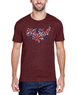 Men's USA Fireworks and Stars Word Art Cotton and Polyester Blend T-Shirt