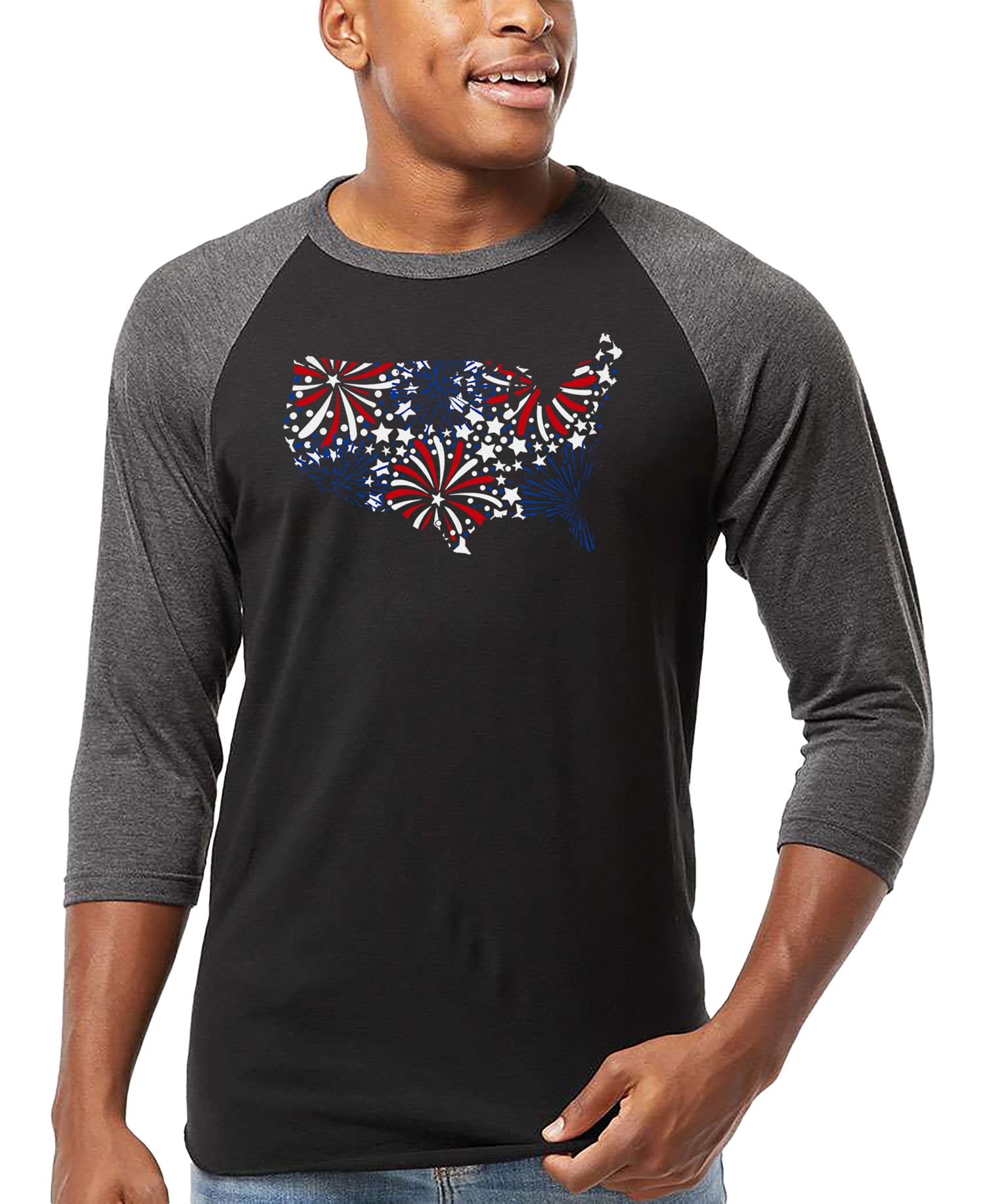 Men's USA Fireworks and Stars Word Art Raglan-Sleeve T-Shirt