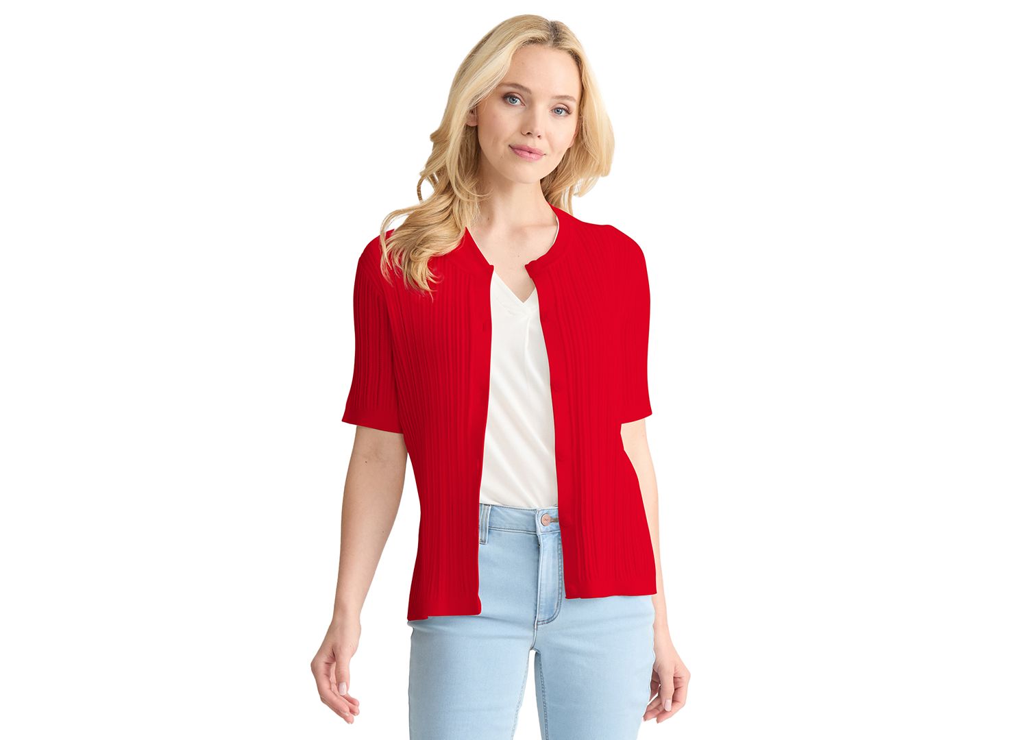 Petite Short-Sleeve Pointelle Cardigan