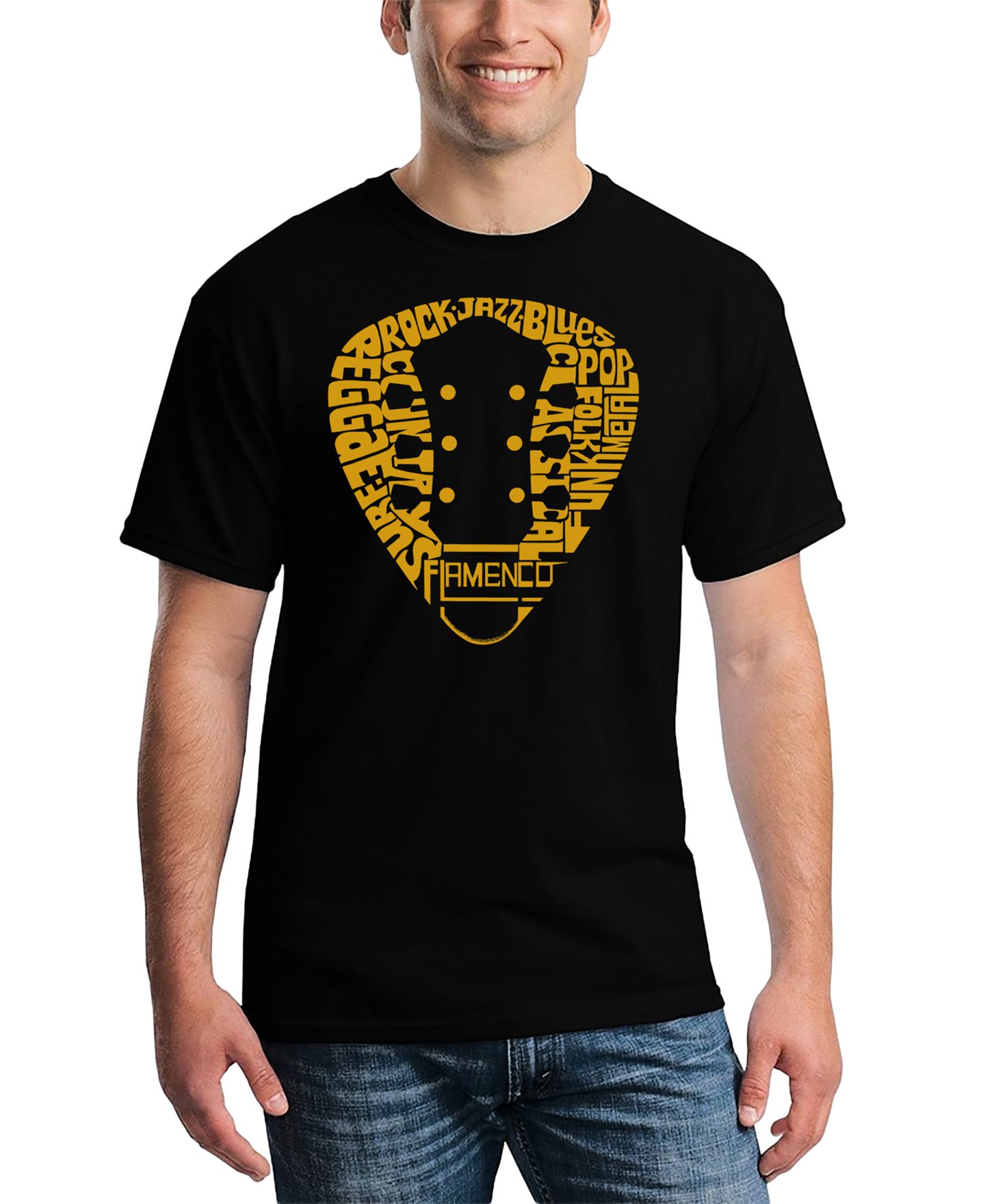 Мужская футболка LA Pop Art Music Genres Guitar Neck Word Art, цвет: Чёрный — фото 1