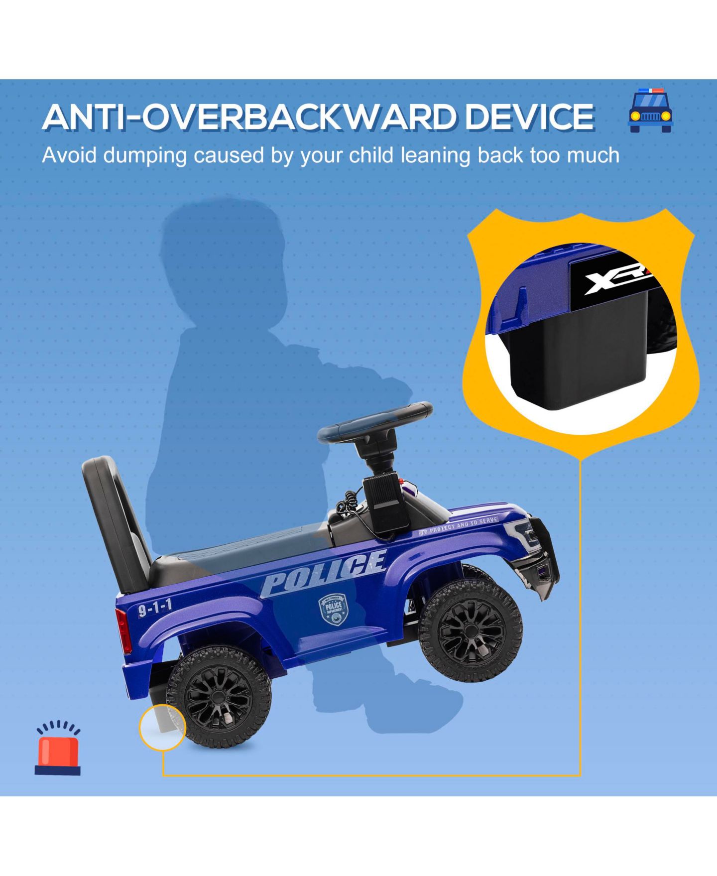 Детская игрушка Aosom Police Truck Style Sliding Ride-On with Pretend PA System and Under-Seat Storage, 1 Rider, Ages 1.5+ — фото 6