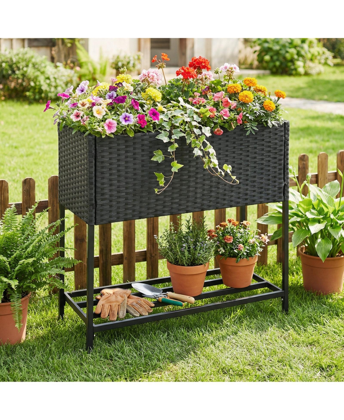 Gymax Elevated Planter Box Raised Garden Bed Rattan Surface Bottom Storage Shelf