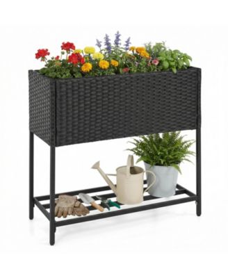 Elevated Planter Box Raised Garden Bed With Rattan Surface Bottom Storage Shelf