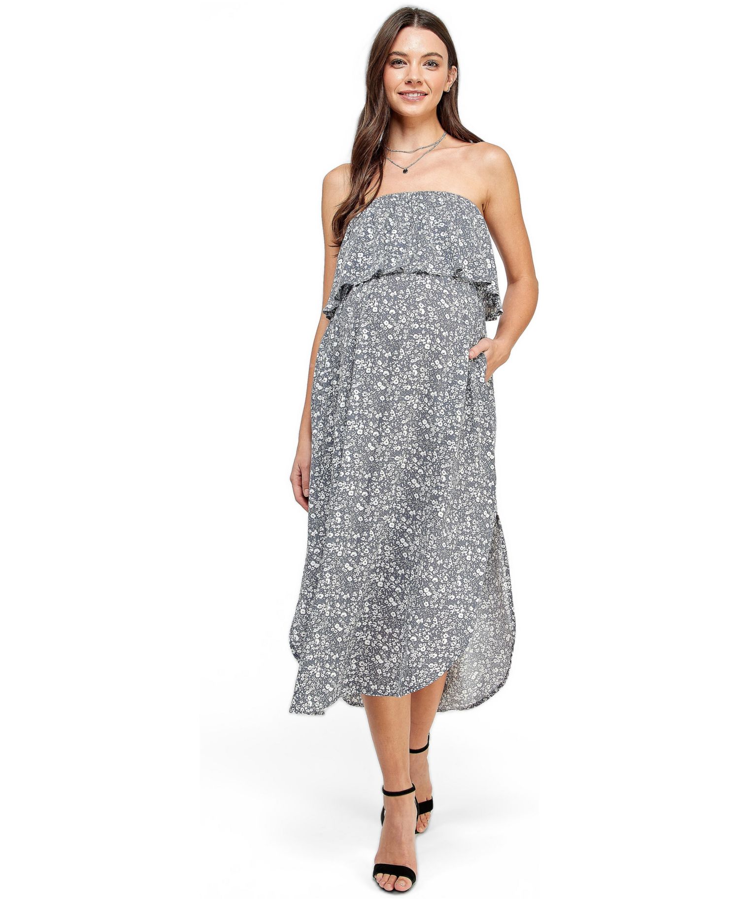 Women's Floral Strapless Ruffle Overlay Midi Dress with Side Slit