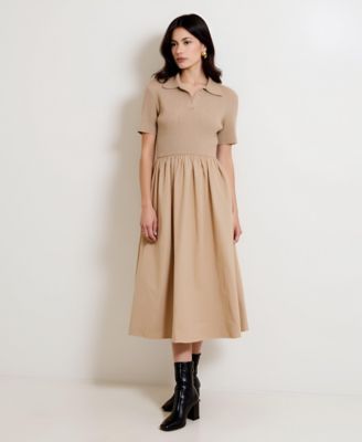 Women's Polo Collar Short Sleeve Sweater Midi Dress