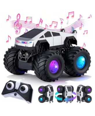 Remote Control Monster Truck for Kids, 2.4GHz RC Stunt Car with LED Lights and Music, 4WD Amphibious All Terrain