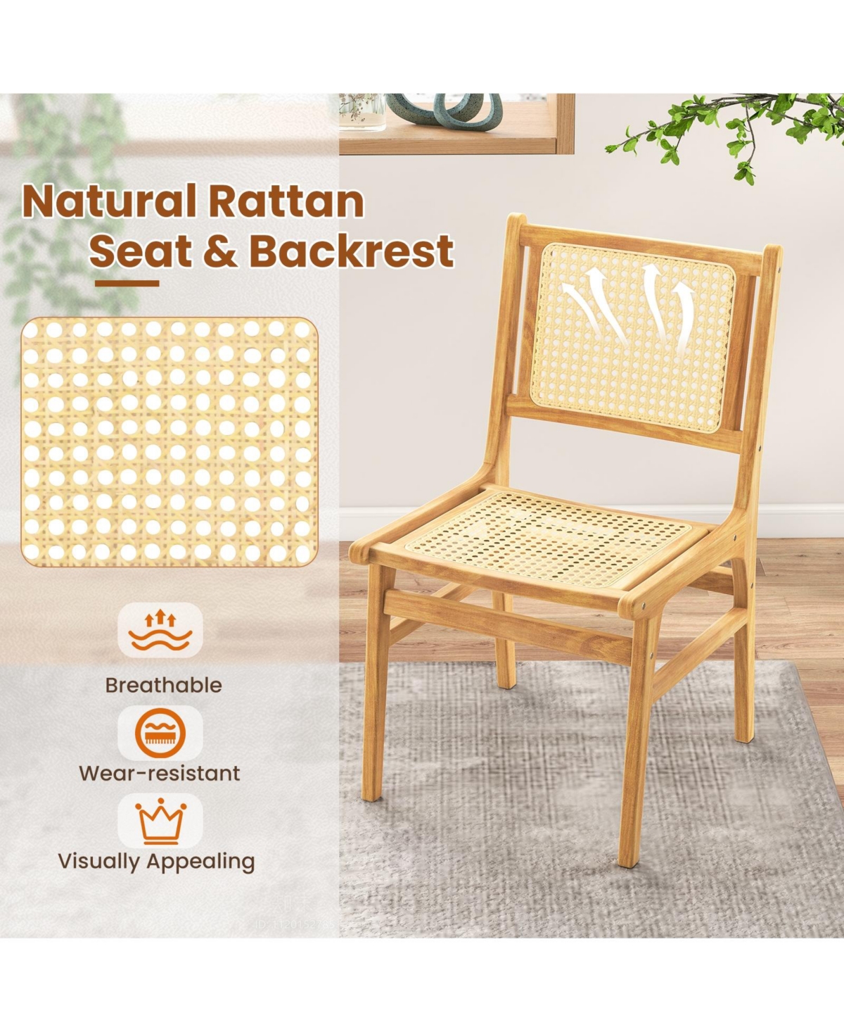 Slickblue Teak Wood Dining Chair with Rattan Cane Backrest, Modern Woven Accent Seating