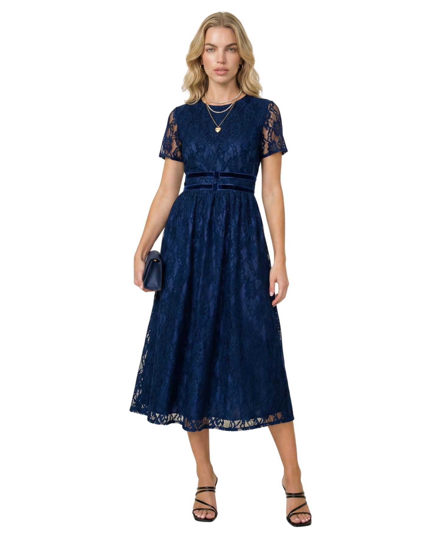 Женское платье Modenaire Lace Midi Dress with Sheer Short Sleeves and Velvet Waistband, цвет: Тёмно-синий — фото 5