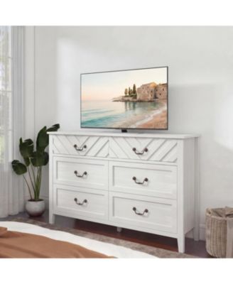 TV Stand with 6 Drawers, Modern Media Console Cabinet with 3D v-Pattern Front, Wooden Entertainment Center with Storage for Living Room