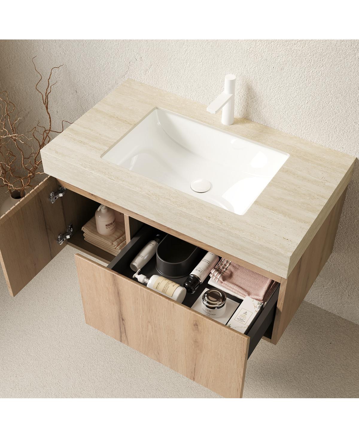 Sillysis Wall Mounted Bathroom Vanity with Sintered Stone Top, Ceramic Sink, Soft Close Storage Cabinet