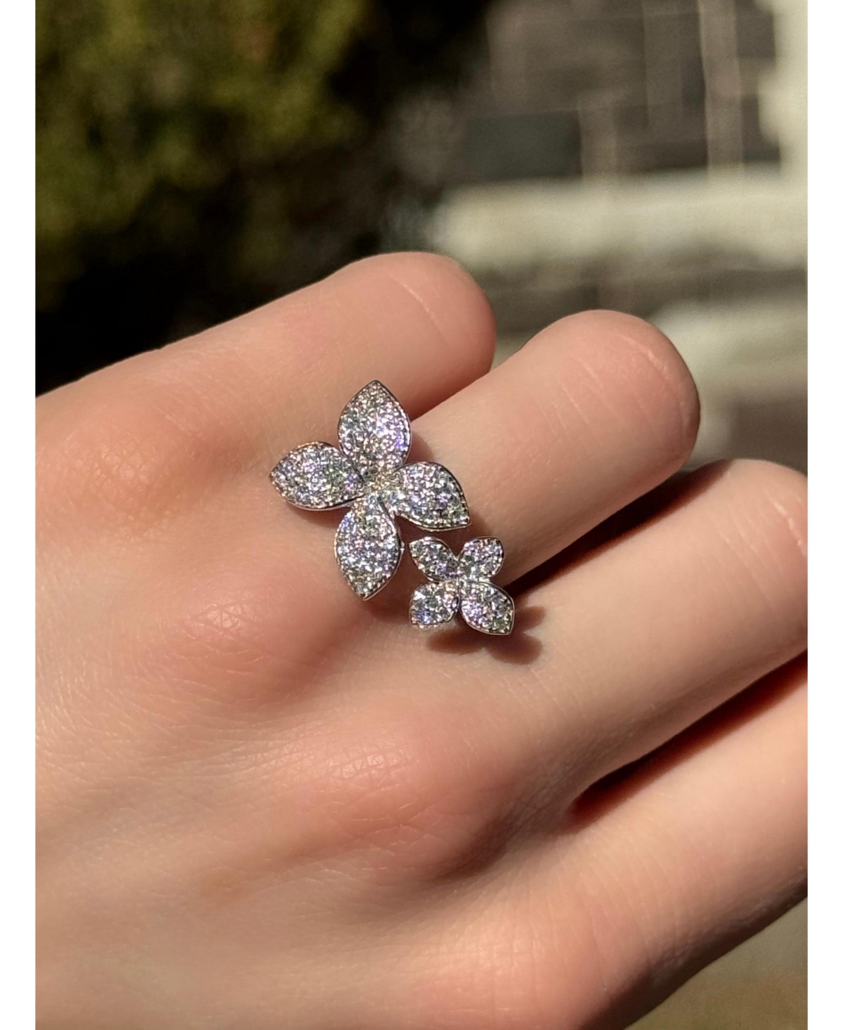 Suzy Levian Sterling Silver Cubic Zirconia Between The Finger Double Flower Ring