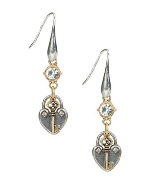 Gold-Tone Plated Heart and Key Drop Earrings