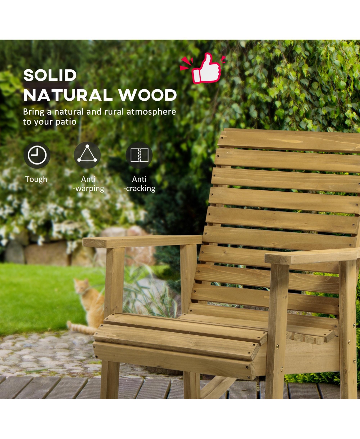 Outsunny Wooden Outdoor Rocking Chair, Traditional Slatted Wood Rocker with Armrests for Indoor & Outdoor, Light Brown