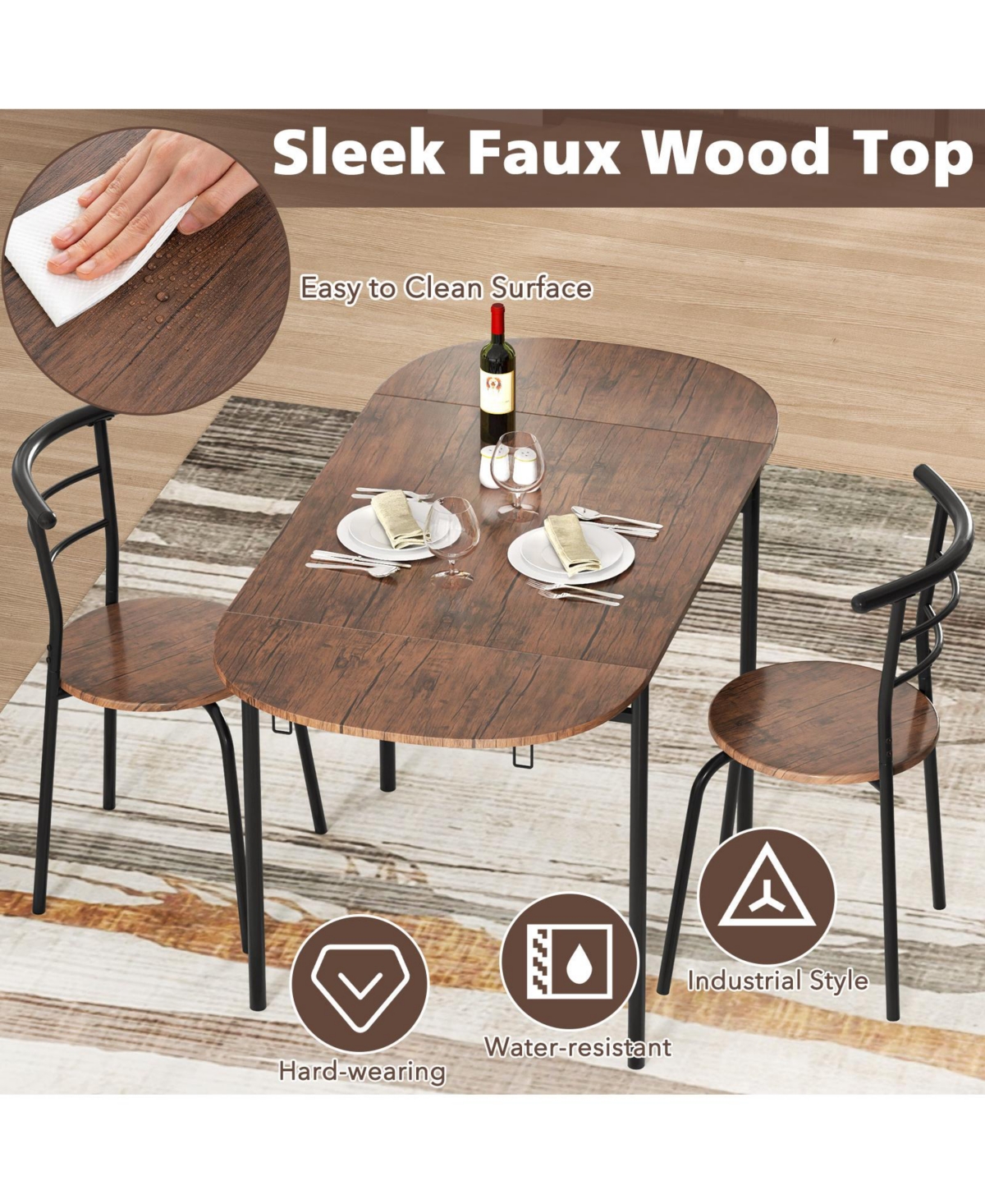 Slickblue 3 Pieces Dining Set with 2 Chairs and Modern Kitchen Table for Small Space