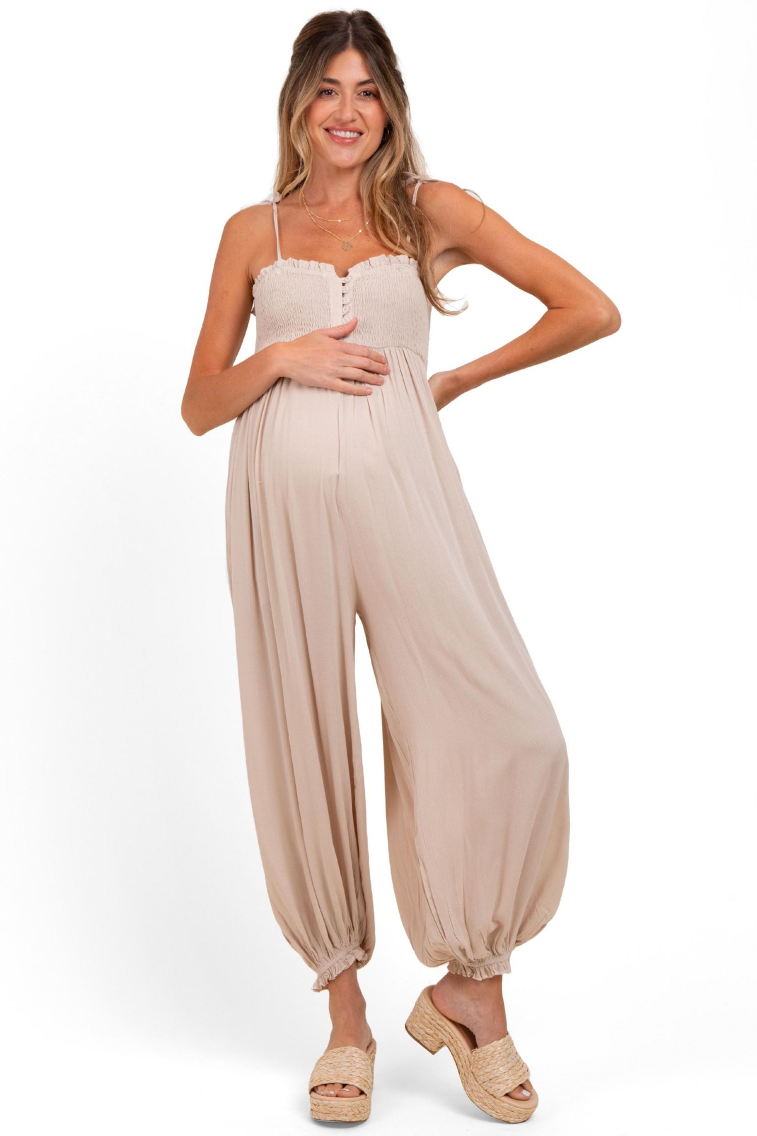 Women's Beige Smocked Button Front Shoulder Tie Jumpsuit