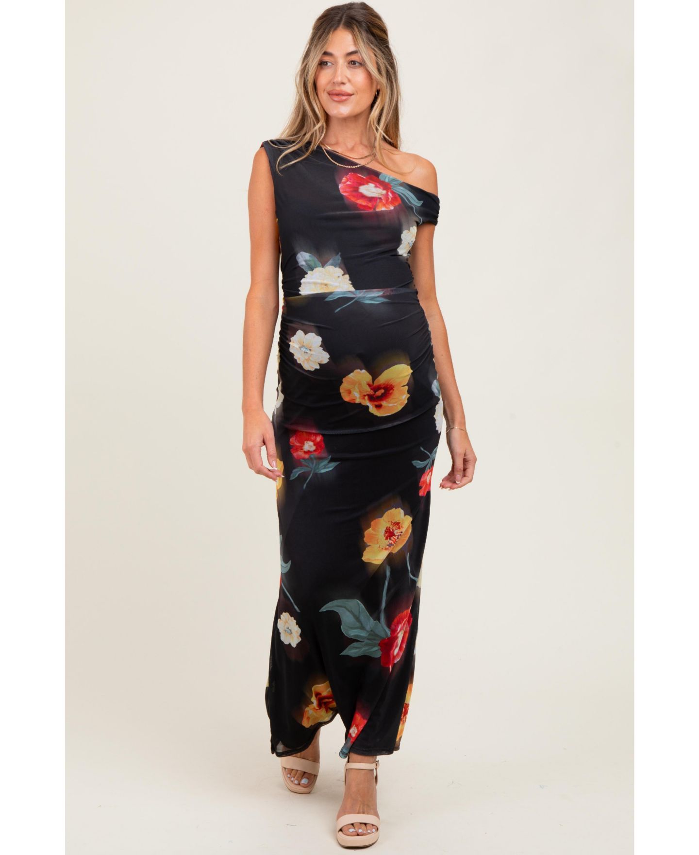 Женское платье Pinkblush Black Mesh Floral One Shoulder Maxi, цвет: Чёрный — фото 2