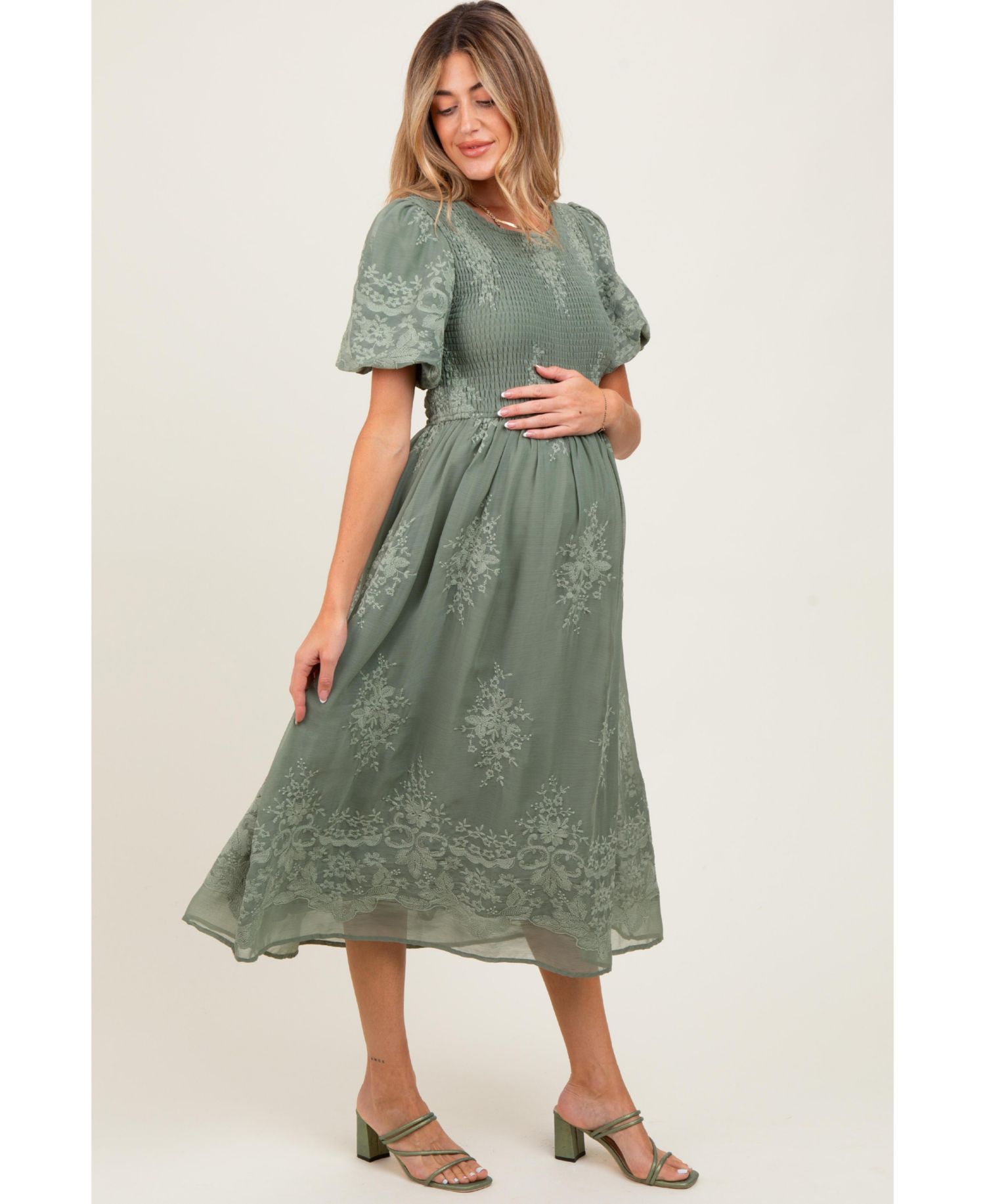 Women's Light Olive Floral Lace Smocked Midi Dress