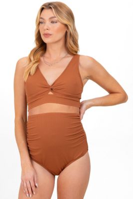 Maternity Rust Ribbed Twist Front Cutout Two Piece Swimsuit