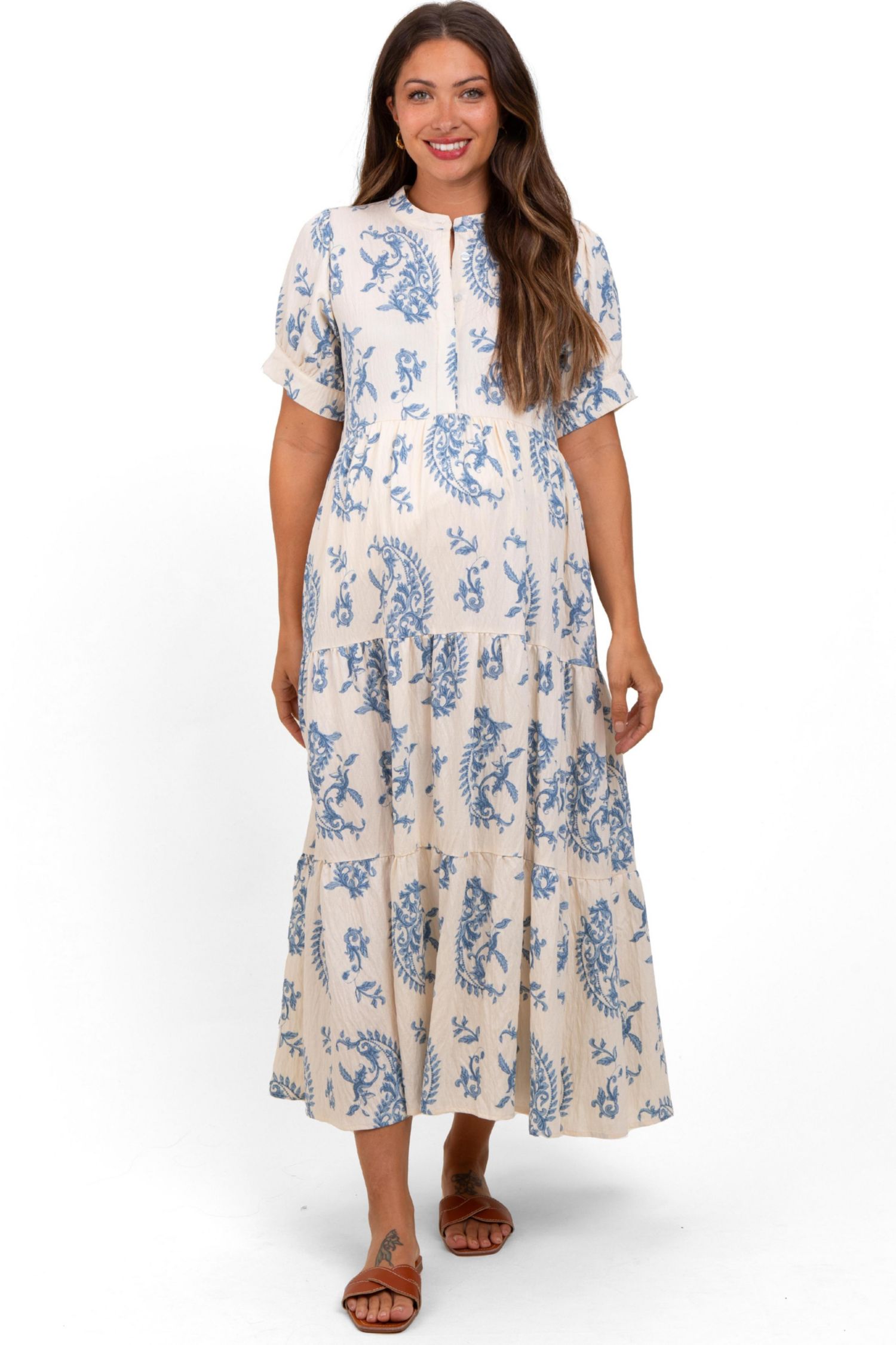 Women's Blue Paisley Button Up Tiered Maxi Dress