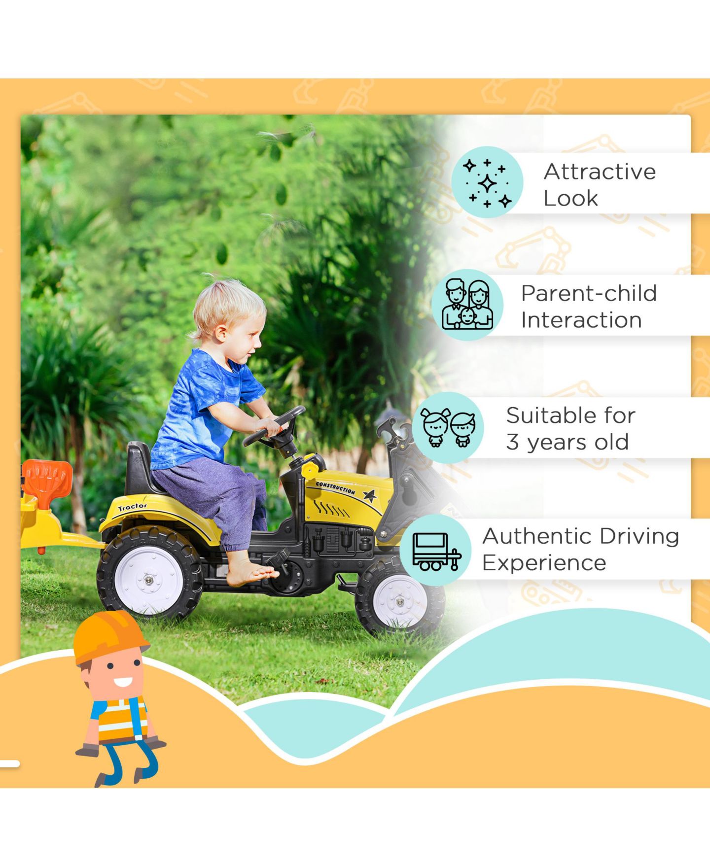 Детская игрушка Aosom Ride-On Kids Bulldozer with Working Dirt Bucket and Detachable Trailer, 77 lbs. Capacity, Ages 3+ — фото 8