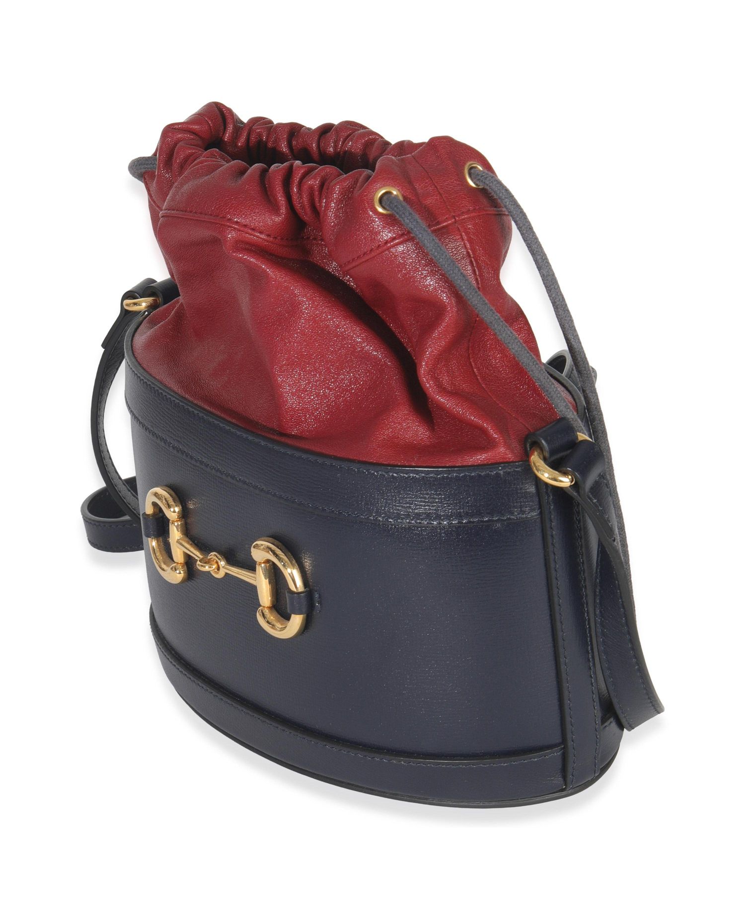Red Navy Calfskin Horsebit 1955 Drawstring Bucket Bag