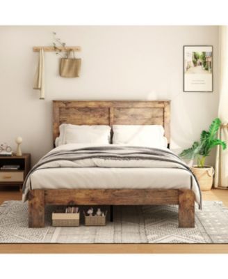 Wood Bed Frame with Headboard, Rustic Farmhouse Platform Bed Frame, 12 Wood Slats Support, No Box Spring Needed, Easy Assembly