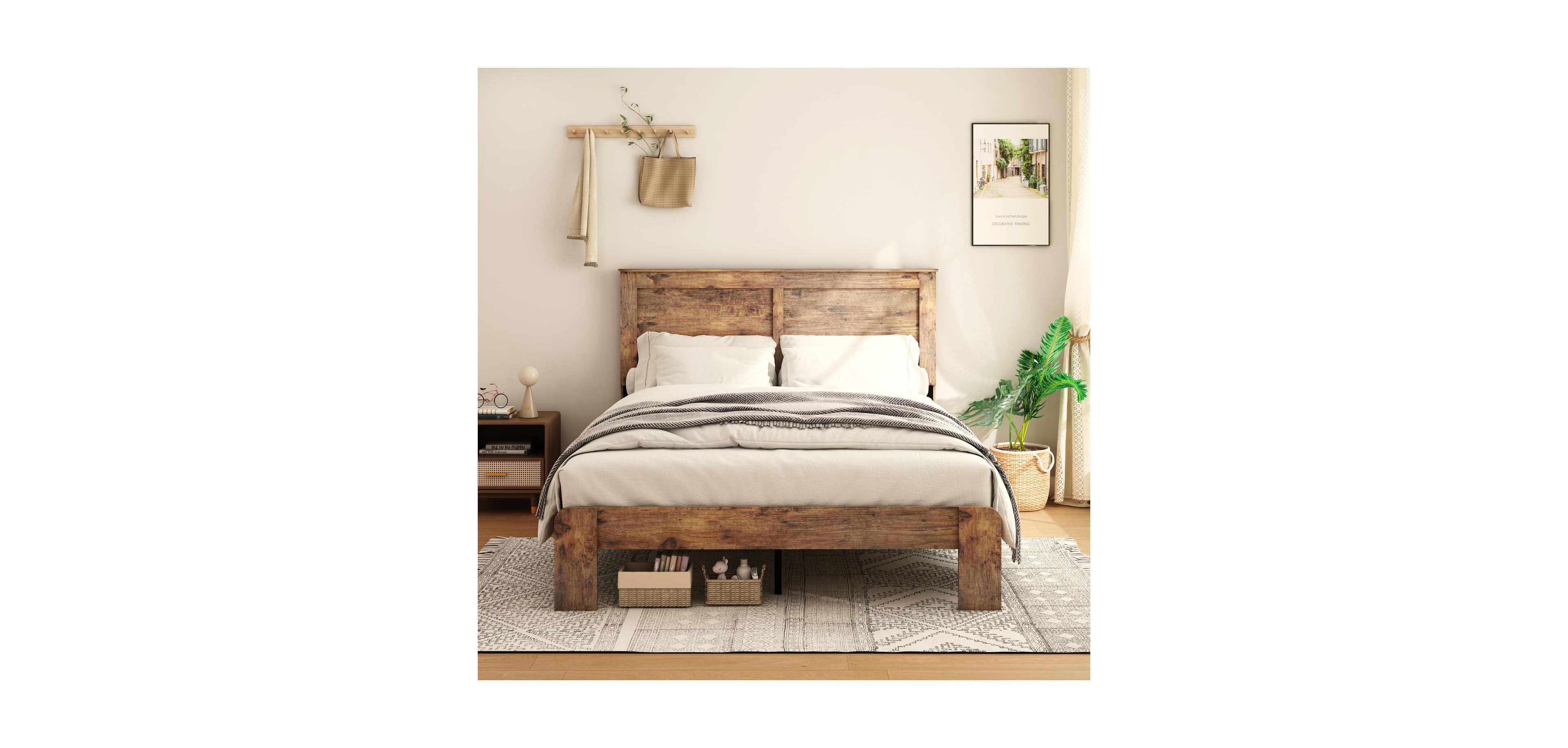 Rainsken Wood Bed Frame with Headboard, Rustic Farmhouse Platform Bed Frame, 12 Wood Slats Support, No Box Spring Needed