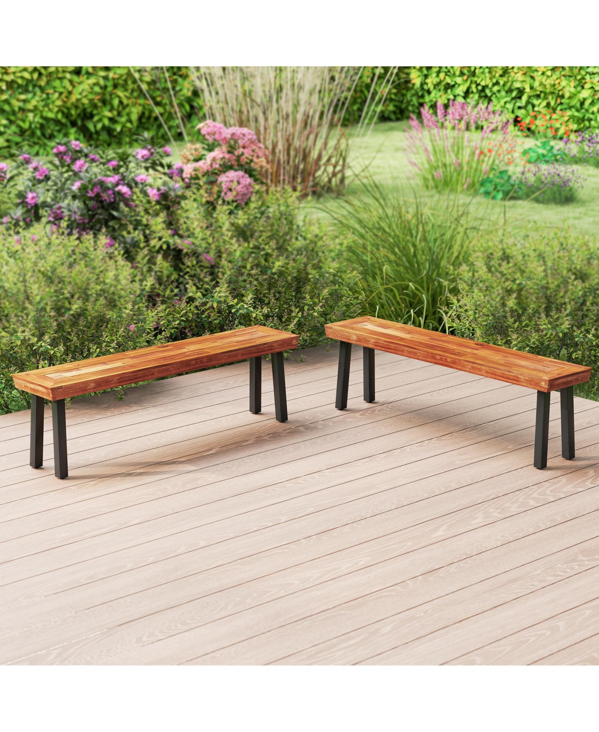 Gymax Outdoor Acacia Wood Benches Set of 2 with Slatted Top and Flared Metal Legs