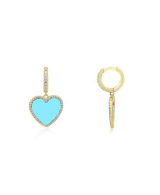 Large Turquoise CZ Halo Heart Dangle Earrings 14K Gold-Plated Sterling Silver