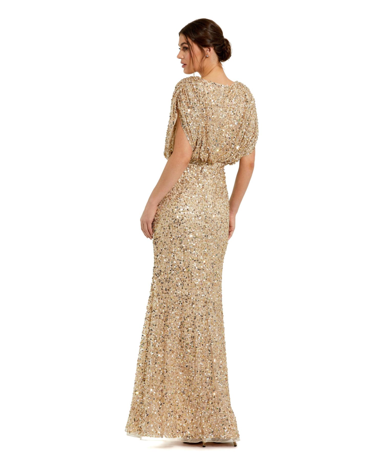 Petite Sequin Draped Sleeve V-Neck Gown