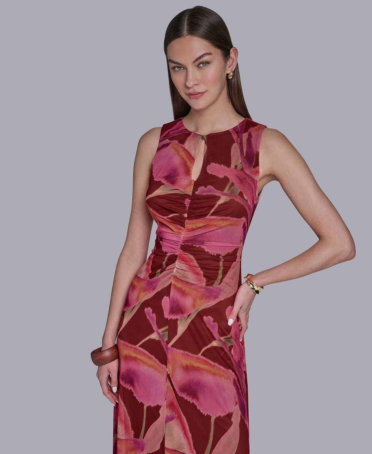 Halston Women's Printed Crewneck Bodycon Keyhole Detail Midi Dress view 2 — MAYCSS fashion products