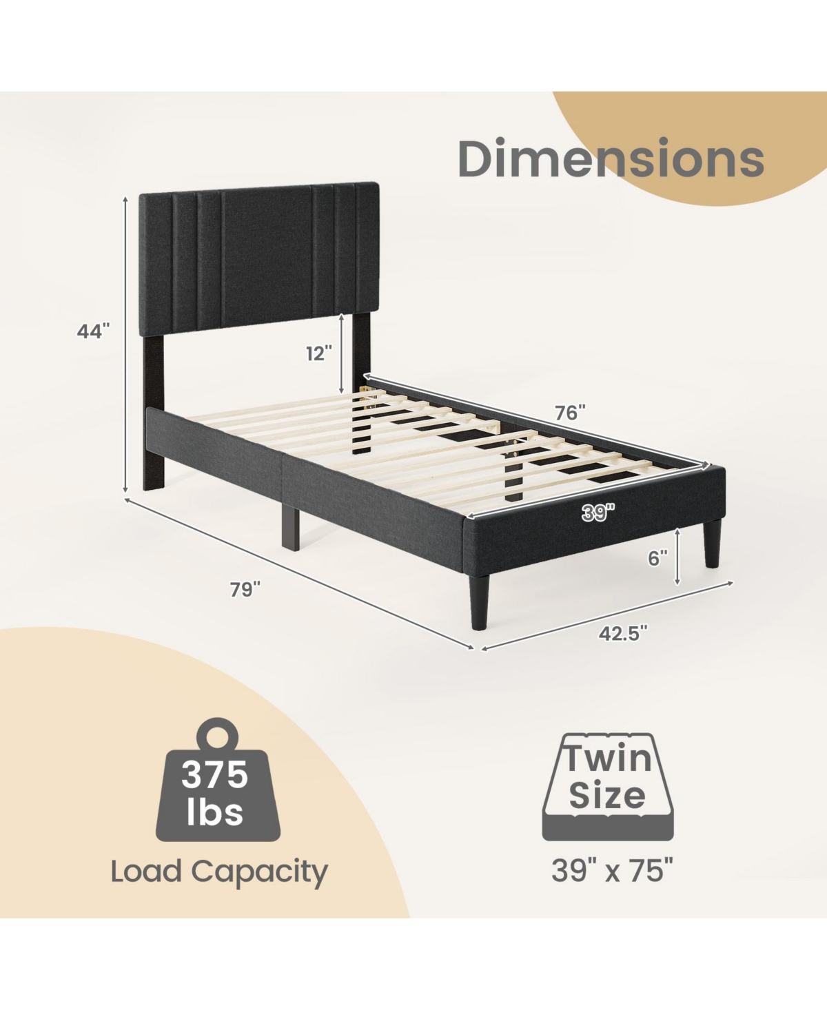 Slickblue Wooden Slat Bed Frame with Vertical Tufted Headboard
