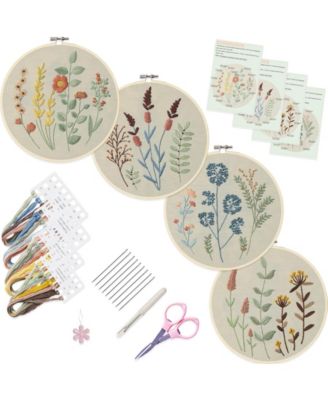 4 Sets Embroidery Kit Beginners Clothes Pattern Hoops Threads