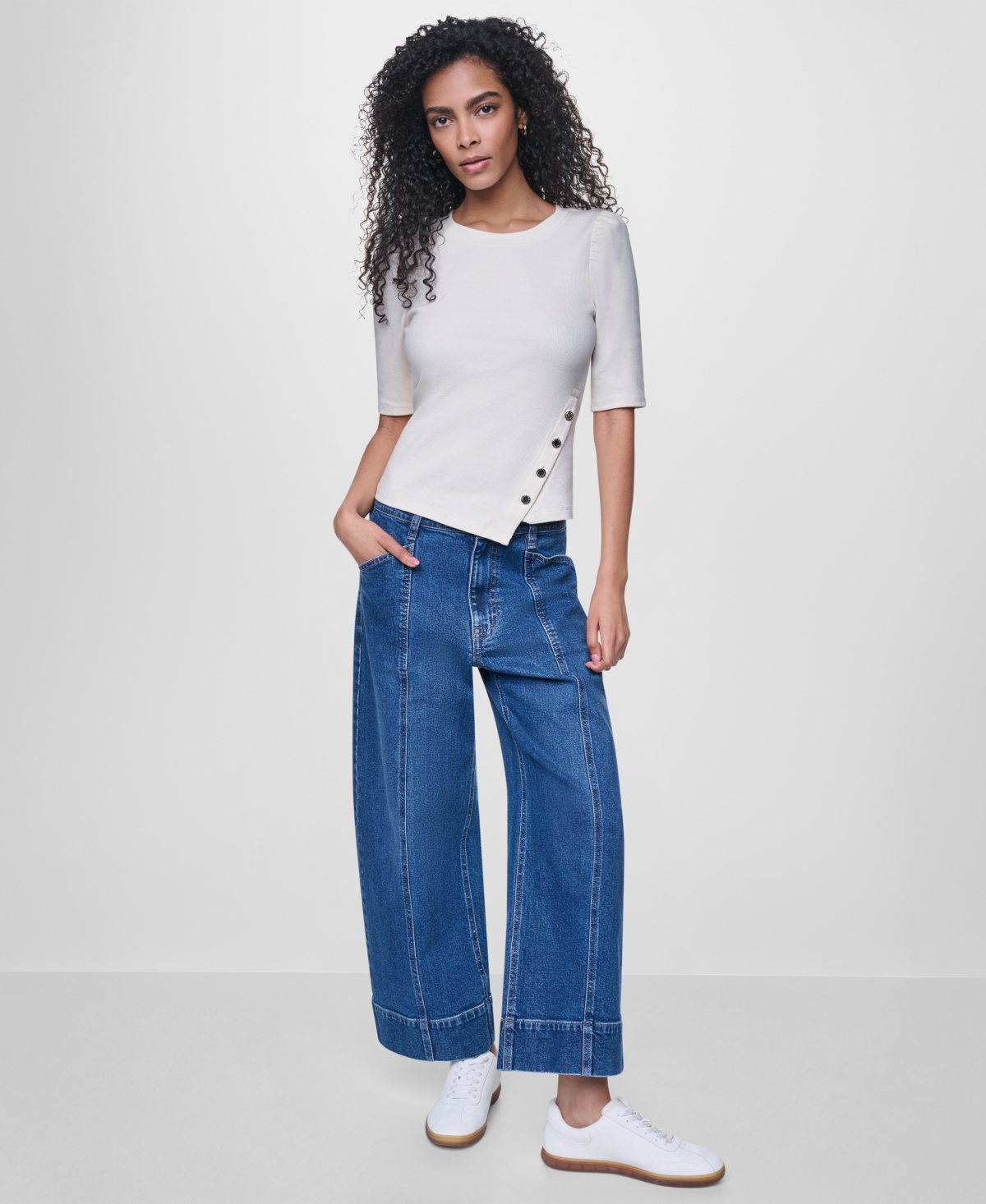 Dkny Jeans Women's Asymmetric Hemline Puff Elbow-Sleeve Top