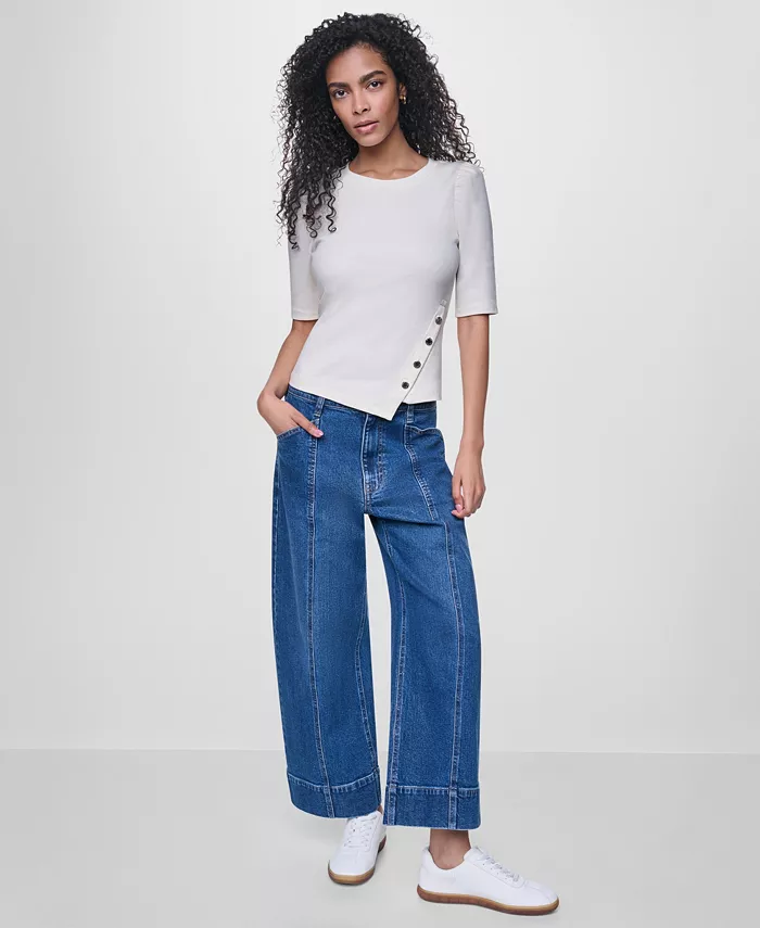 Women's Asymmetric Hemline Puff Elbow-Sleeve Top - thumbnail 2
