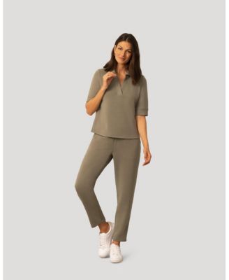 Women's Cable and Gauge Rib Collar Polo Top and Pant Set