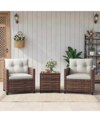 3-Piece Outdoor Wicker Conversation Set with Cushions and Tempered Glass Table for Patio, Balcony, Porch or Garden