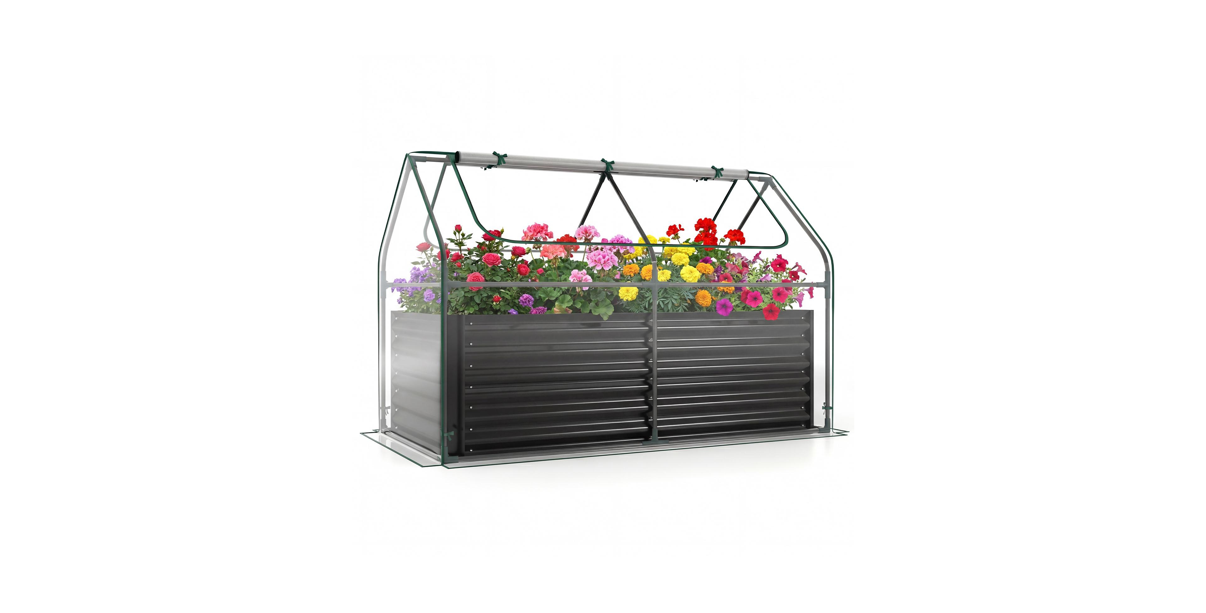 Gymax Galvanized Raised Garden Bed w/ Cover Planter Box Mini Greenhouse Sliver and Clear