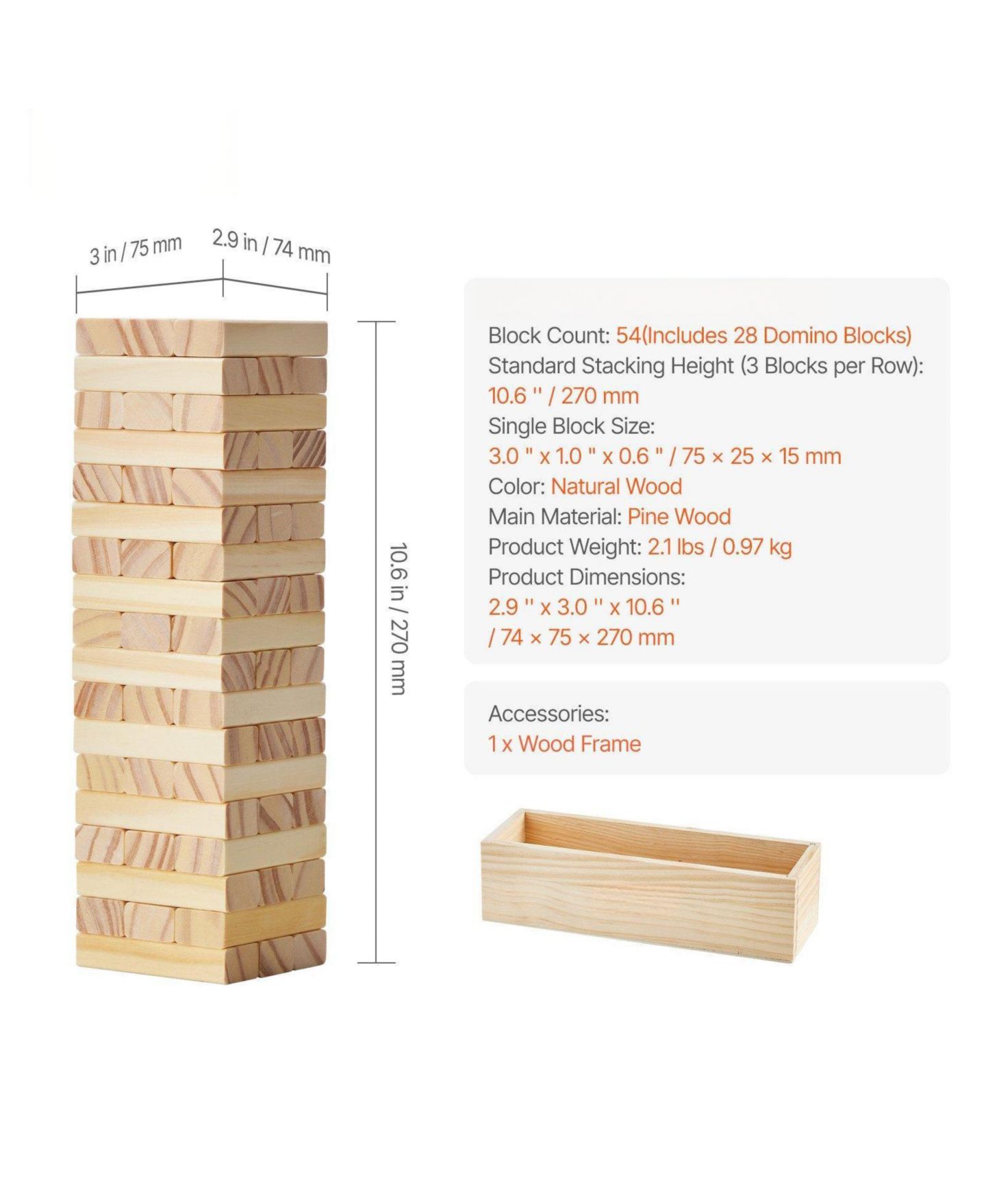 Детские игрушки Mecale Tumbling Tower 54 Pine Wood Blocks with Storage Crate Board Game, Ages 13+, цвет: Коричневый — фото 3