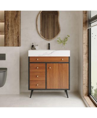 30 Inch Walnut Freestanding Bathroom Vanity with Sintered Stone Top, Modern Ceramic Sink, Gold Metal Legs, Storage Drawer