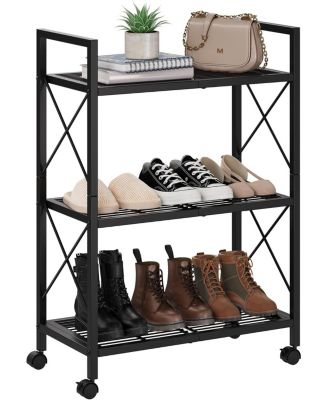3-Tier Metal Frame Slim Shoe Rack with Non Woven Shelves & Wheels