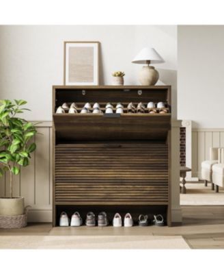 Tall Freestanding Entryway Shoe Cabinet Recessed Design, 2 Flip-Up Drawer Doors, Hidden Shoe Rack Ideal for Hallways and Living Rooms