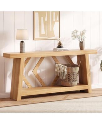 70.9 Inch All-Wood Console Table, Ultra-Stable Trapezoid Leg Sofa Table Behind Couch, 2-Tier Extra Long Entryway Table for Hallway, Living Room