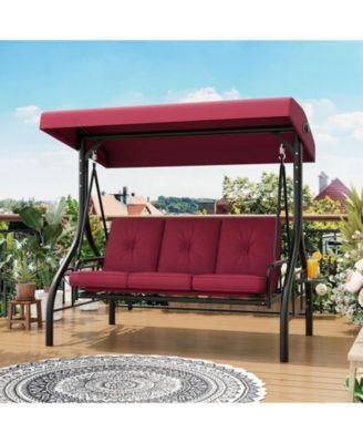 3 Seat Outdoor Porch Swing with Adjustable Canopy Convertible Patio Swing Bed with Stand Thick Cushions and Cup Holders Weather Resistant