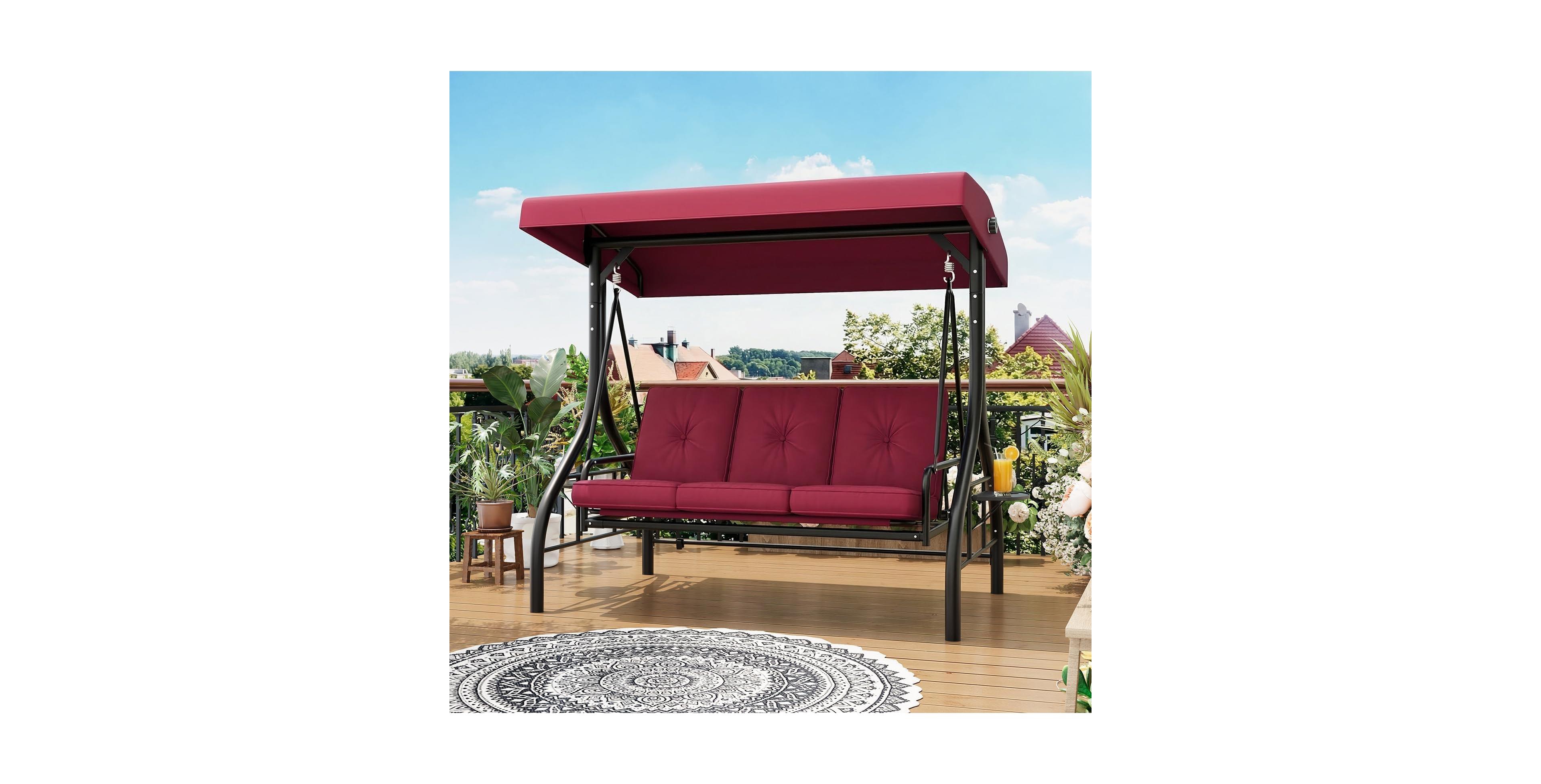 GarveeLife 3 Seat Outdoor Porch Swing with Adjustable Canopy Convertible Patio Swing Bed with Stand Thick Cushions and Cup Holders Weather Resistant