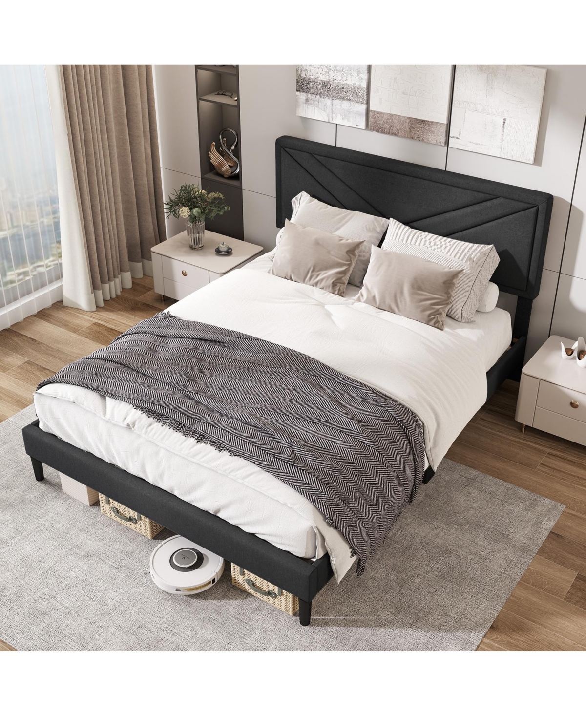 Slickblue Platform Bed Frame with Upholstered Tufted Headboard Slats