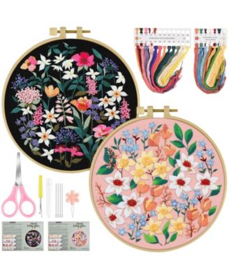 2 Set Embroidery Kit Beginners Floral Cross Cloth Hoops Threads