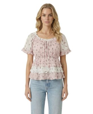 Women's Floral Tie-Neck Ruffle Peplum Top