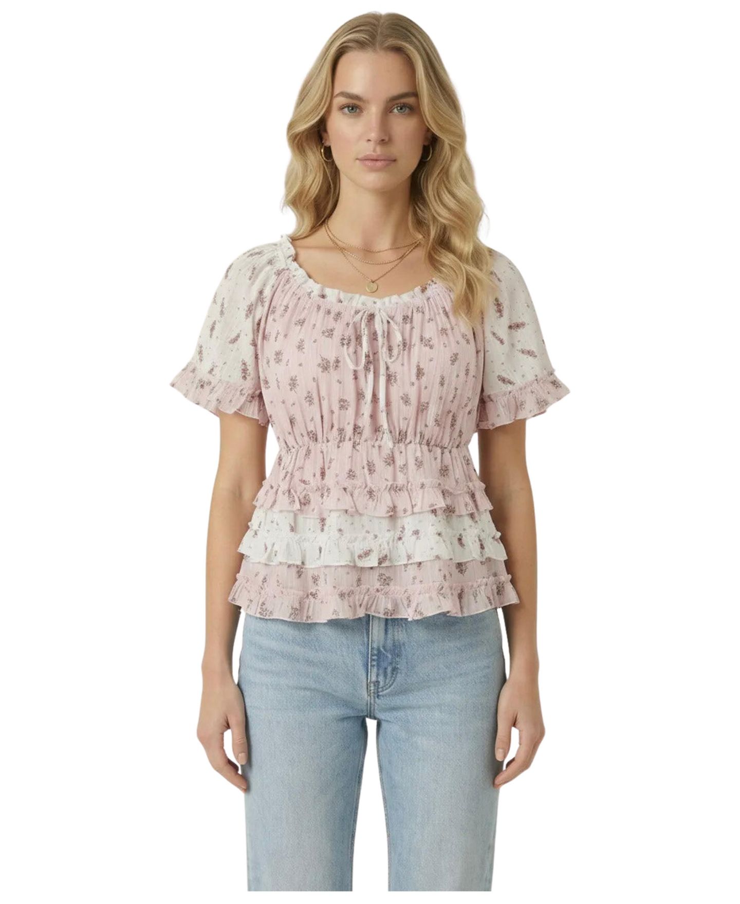 Женский топ Modenaire Floral Tie-Neck Ruffle Peplum, цвет: Розовый — фото 1