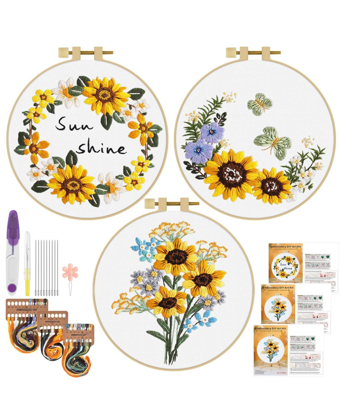 Gnuadz 3 Sets Sunflower Embroidery Kit Cross Stitch Set